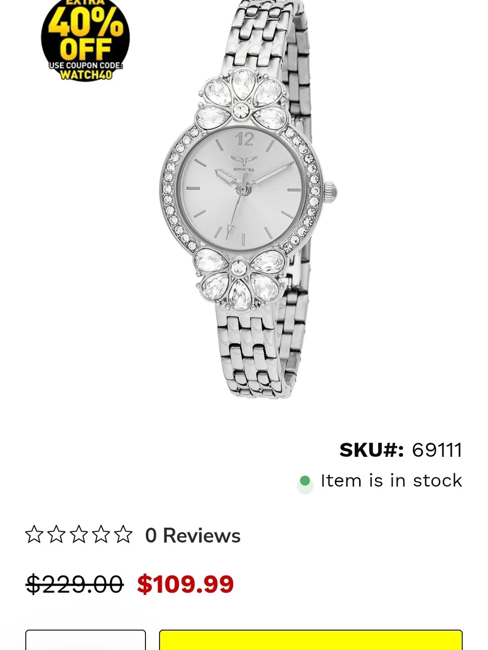 Invicta Silver Crystal Floral Accent Bracelet Watch 69111